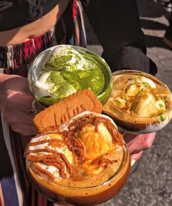 Affogato Trio at Baltic Market: Pistachio, Biscoff, and Matcha espresso gelato combos by Press Bros in Liverpool.