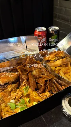 Halal smash burgers and grilled chicken with cheese at Chef X Cafe in Coventry, featuring fries and golden slaw.