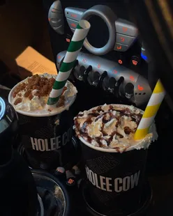 Peanut butter chocolate and salted caramel milkshakes from Holee Cow Burgers in Cheltenham, perfect Sunday treat.