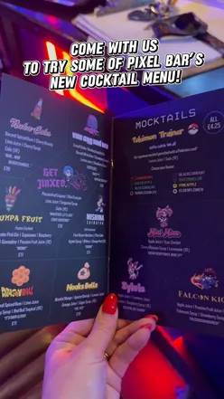 Pixel Bar's new cocktail menu featuring Nuka Cola, Vice City Iced Tea, Nook’s Bells, Mishima Zaibatsu, and a Pokemon-themed drink.