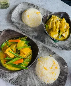 Chamber 36 Liverpool Berry Street: Vietnamese spring rolls, salt and pepper tofu, Thai green curry with tofu and chicken, fried rice.