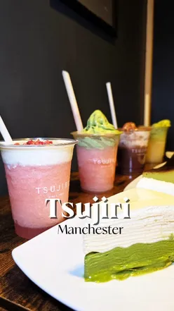 Assorted desserts at Tsujiri Manchester: Yuzu Float, Strawberry Matcha Float, Yuzu & Matcha Crepe Cake, Houjicha Roll, Matcha Soft Serve.