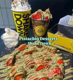 Pistachio desserts at Hey Shake Down in Corstorphine, Edinburgh, featuring kataifi waffles, loaded strawberries, milkshakes, and cheesecake.