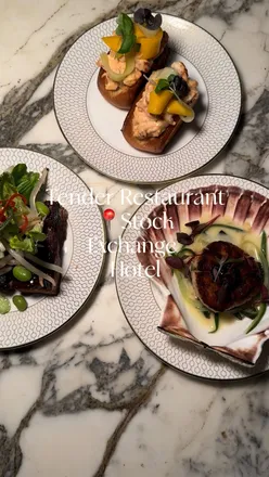 Gorgeous meal at Tender Restaurant in Stock Exchange Hotel, featuring lobster rolls, chateaubriand, and matcha lava cake.