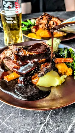 Sunday lunch at 3Sixty Newcastle: duck salad, mushroom velouté, Aperol Spritz, Asahi pint, roast beef, confit lamb, city views.