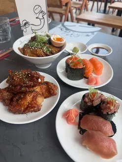 Japanese Izakaya dining in Manchester with sushi, donburi, karaage chicken, crispy rice balls, and matcha affogato.