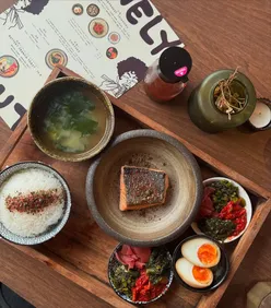 Japanese listening cafe in Bristol with Sakura berry matcha, Japanese Teishoku with shiozake salmon, and cozy atmosphere.