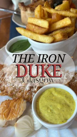 Gourmet meal at The Iron Duke Glasgow featuring Pomme Alba, BBQ beef kebab, Duke's steak pie, and posh fish supper with caviar.