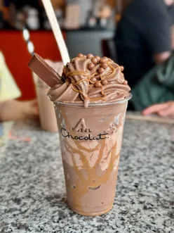 Chocolate sundae with brownie and salted caramel at Hotel Chocolat, Newcastle, perfect for ice cream lovers and foodies.
