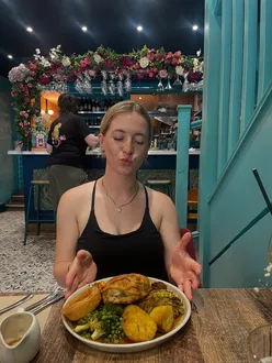 Vegan roast dinner at Koocha Mezzebar in Bristol with stuffing balls and Yorkshire pudding, highly rated and recommended.