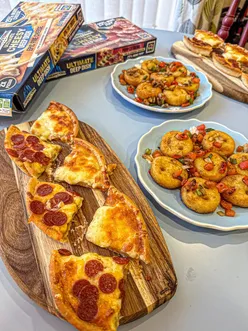 Chicago Town Deep Dish Ultimate Cheesy Five Cheese & Pepp Extreme pizzas with smiley face potatoes for girls night in.