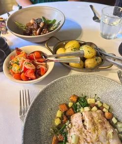 Bistro du Vin Bristol spring menu: crab salad, gin-cured mackerel, lamb bourguignon, hake with croutons, rhubarb trifle.