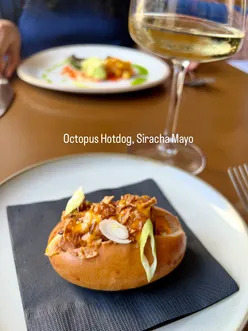 Five-course fine dining in Edinburgh: Octopus hotdog, Thai tartare, Cajun prawns, smoked duck, cereal milk parfait.