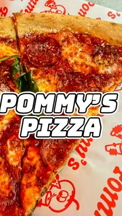 New York-style pizza slices at Pommy's Pizza, Brighton. Varieties include Marghy, Ronnie, Burrata, Pesto, and Vodka. Tiramisu dessert.
