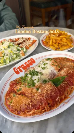 Italian American dishes at Grasso Soho: N’duja mozzarella sticks, Chicken Parm with Spaghetti, Big Chicken Caesar, Tiramisu.