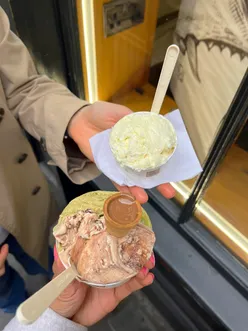 Double hazelnut, pistachio, and white chocolate gelato at Bilmonte in Soho, London; highly recommended by NicolaLaFoodie.