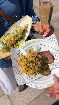 Colmore Food Festival at Victoria Square featuring fire roasted rump cap, Adam's fish & chips, Turkish chicken skewer, and more.