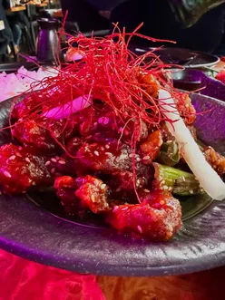 Tattu Manchester restaurant dishes: tender beef short rib, popcorn rock shrimp, bland seared tuna, crispy chili beef, jasmine rice.