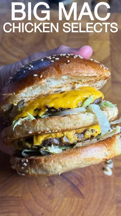Homemade Big Mac style burger in sesame brioche bun, fries, sesame chicken selects, cinnamon apple pie, gin apple sours.