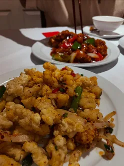 Salt and pepper chicken, wings, sweet and sour pork, gyoza, and egg fried rice at China Red Sheffield date night.