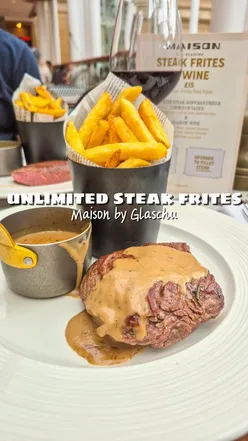 Juicy bavette steak frites with Koffman fries at Maison by Glaschu, Glasgow. Unlimited steak deal, July 14-18, Bastille Day celebration.
