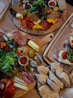Dreamy meat and cheese platter with roasted veg bruschetta and raclette at Atelier Berwick, Berwick-upon-Tweed.