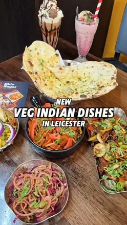 Indian veg dishes at Shiv Sagar Leicester: crispy Chinese Bhel, Chef's Special Aubergine, Veg Jaipur curry, Rose Falooda.