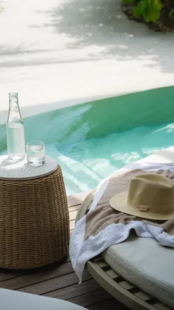 Floating breakfast in private pool at Ritz-Carlton Maldives with coffee, pastries, and tropical sunshine.