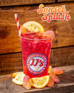 JJ's new summer menu drinks: Sunset Splash, Blue Bottle Blast, Purple Punch; fruity, fizzy, ice-cold refreshments.