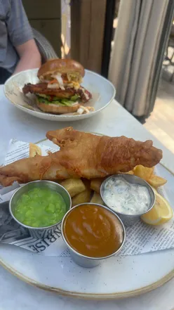 Salt and Pepper Sui Mai, crispy Fish and Chips, Stornoway black pudding with Scotch egg, and Korean fried chicken burger at The Watering Can, Liverpool.
