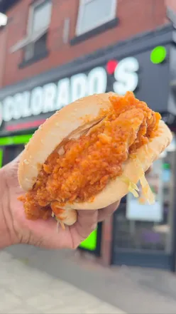 Spicy dipped chicken burger meal in Bolton with peri chicken rice, wings, cheeseburger, and milkshakes on Derby Street.