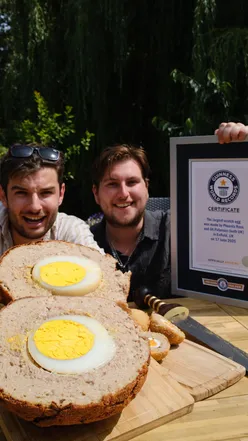 World's largest Scotch egg made with ostrich egg, sausage meat, breadcrumbs; 7.81kg, 80cm circumference, Guinness World Record.