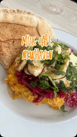Peanut butter chicken brioche and halloumi hummus flatbread at Milk cafe, Edinburgh Sculpture Workshop, on old railway path.