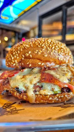 Schmokie burger with smoked bacon and chili mayo from Fat Dad's Kitchen at The Galli Bristol.