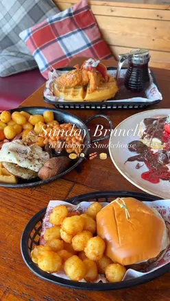 Brunch at Hickory's Smokehouse: Hickory's breakfast, muffin, chicken fried waffle, and pancakes with strawberries and chocolate.
