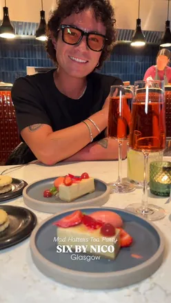 Mad Hatters Tea Party menu at Six by Nico Glasgow: Aperitif, truffle snacks, chicken doughnut, cabbage terrine, goats cheese parfait, pollock, pig head, and tea & toast dessert.