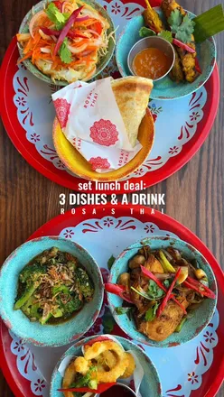 Saiphin's Set Lunch at Rosa's Thai: Thai calamari, chicken satay, Pad Khing, crispy egg salad, stir-fried broccoli, roti, Thai fried chicken, spring rolls, and Nam Dang Manao soda.