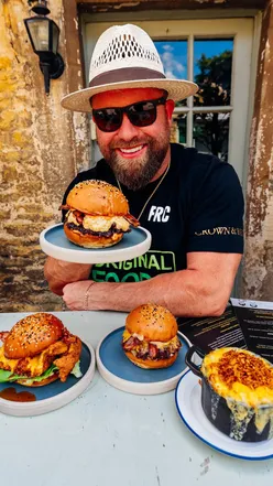 Handmade burgers at Smiths of Bourton in The Cotswolds, highlighted by food critics for their beauty and taste.