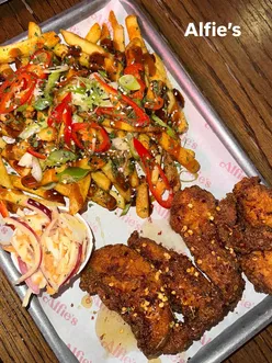 Selection of favorite Newcastle eats: bottomless brunch at Alfie's Bar, Motel Mexicana's dishes, Burger Drop's cheeseburger, Shahe Gosforth's Maharaja Thali, Geisha's meal, Cog and Wheel's Sunday dinner.
