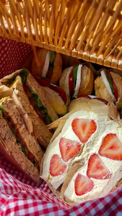 Friends enjoying a colorful picnic with gourmet sandwiches at Isabella Plantation in Richmond Park, surrounded by nature.