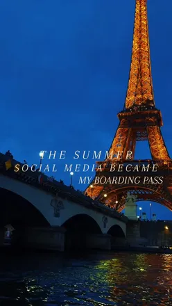 Social media content creator capturing travel moments in iconic locations like the Eiffel Tower this summer.