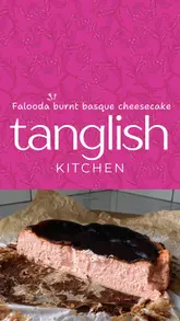 Delicious Tamil falooda burnt basque cheesecake topped with Rooh Afza, showcasing vibrant flavors and textures.
