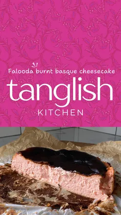 Delicious Tamil falooda burnt basque cheesecake topped with Rooh Afza, showcasing vibrant flavors and textures.