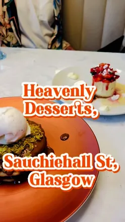 Indulge in desserts at Heavenly Desserts Glasgow: Eton Mess Cheesecake, Pink Dragon, and Dubai Chocolate Pancakes. 🍦