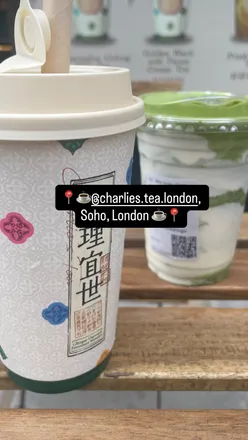 Outdoor seating at Charlie's Tea in Soho, London, with friends enjoying matcha drinks and jasmine coconut milk tea.