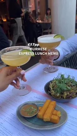 Burmese lunch at Lahpet in Covent Garden featuring tofu fritters, tea leaf salad, mutton curry, and seabass.