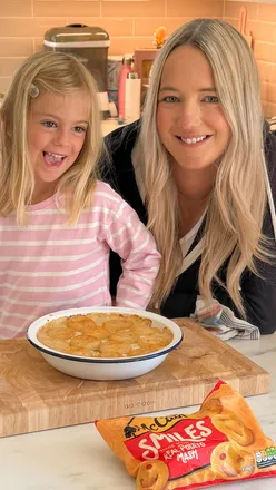 Colorful Rainbow Chicken Smiles Pie with McCain Potato Smiles, perfect for a quick and creamy family dinner.