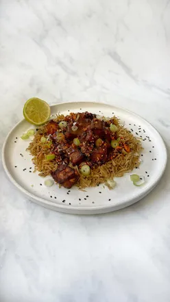 Delicious homemade peanut satay tofu, showcasing gluten-free ingredients from Whole Foods Box for healthy online shopping.