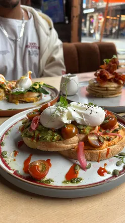 Brunch spread at The Shack in Manchester, featuring pancakes and a vibrant new menu. 🍳🥞 #brunch #manchesterfood