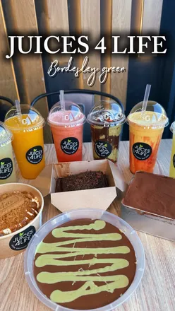 Juices 4 Life's new Birmingham store showcasing vibrant smoothies and desserts in a lively celebration.